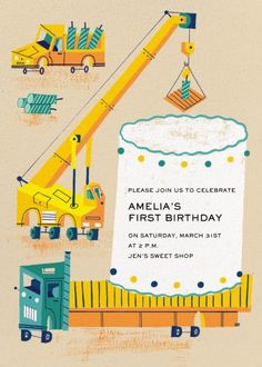 a birthday card with construction trucks and a crane