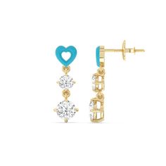 This pair of earrings has the perfect mix of brilliance and color. Each earring features a ceramic heart-shaped post. Dropping from each heart post is a pair of big and small round diamonds. Elegant Heart-shaped Enamel Earrings, Blue Wedding Band, Something Blue Wedding, Semi Annual Sale, Diamond Anniversary Rings, Heart Drop Earrings, Mens Band, Fine Jewelry Gift, Something Blue