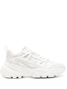 white calf leather panelled design almond toe all-over logo print logo-debossed tongue branded leather insole pull-tab at the heel chunky sole rubber sole lace-up detailing Modern Lace-up Platform Sneakers With Logo, White Leather Chunky Sneakers With Logo, Leather Lace-up Chunky Sneakers With Logo, Leather Chunky Lace-up Sneakers With Logo, Low-top Chunky Sneakers With Embossed Logo, White Low-top Platform Sneakers With Logo Detail, Chunky Sneakers With Embossed Logo For Streetwear, Sporty Leather Chunky Sneakers With Logo, Chunky Lace-up Sneakers With Logo For Sports