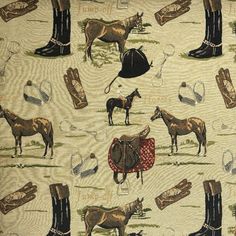 horses and saddles are depicted on this fabric