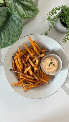 a white plate topped with french fries next to a potted plant and dipping sauce