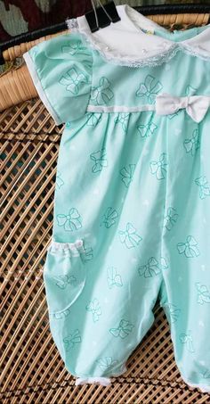 80s Bows & Hearts Seafoam Baby Jumpsuit by Mayfair | Etsy Green Short Sleeve Onesie For Playwear, Playful Fitted Green Bubble Romper, Fitted Green Bubble Romper For Play, Green Short Sleeve Bubble Romper For Summer, Green Short Sleeve Bubble Romper For Spring, Spring Green Short Sleeve Bubble Romper, Cute Green Jumpsuits And Rompers For Spring, Cute Fitted Green Onesie, Casual Green Fitted Bubble Romper