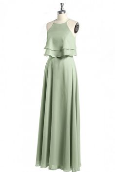 Sage Green Chiffon Halter Ruffle A-Line Long Bridesmaid Dress Sage Green Maid Of Honour Dresses, Sage Green Bridesmaid Dresses Short, Sage Green Formal Dress, Teal Cocktail Dress, Fancy Short Dresses, Prom Dress Pictures, Sage Bridesmaid Dresses, Dark Red Dresses, Sage Green Bridesmaid Dress