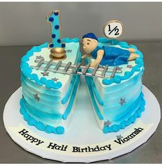 a birthday cake with a boy swimming in the pool