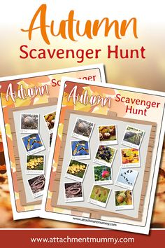 two autumn scavenger hunt cards with the words, autumn scavenger hunt