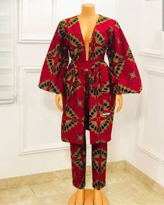 This gorgeous set is suitable for every occasion. It's made with African Ankara, All items are made from very high quality 100% cotton african print and this item is not an exception. If you would rather provide a custom size, please leave your bust, waist, hip, thigh circumference, biceps and height measurements in the note to seller section when you order. However, if you would like more fabric options, kindly let me know. Thank you. Kindly contact me if additional information is required. Tha Trouser And Top For Ladies, African Print Kimono, Ankara Kimono, African Pants, Ankara Jackets, African Prom Dresses, African Maxi Dresses, African Inspired Fashion, African Print Dress