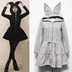 Material:+Cotton Color:+light+gray,+black,+dark+gray Size: Length:80cm/31.2"(Does+not+include+a+hat) Bust:80-92cm/31.2"-35.9" Sleeve:58cm/22.6" Shoulder:39cm/15.21" Waist:68-80cm/26.5"-31.2" Winter Pajamas Women, Kawaii Rabbit, Velvet Clothes, Winter Pajamas, Rabbit Ears, Long Style, Warm Coat, Indie Brands, Harajuku Fashion