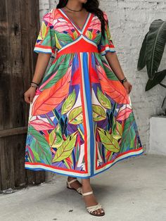 Plus Size Women's Colorful Leaf Print V-Neck Short Sleeve Dress Multicolor Boho  Half Sleeve Woven Fabric Colorblock,Tropical,All Over Print A Line Non-Stretch  Women Plus Clothing, size features are:Bust: ,Length: ,Sleeve Length: Short Sleeve Dress, Leaf Print, Kids Beachwear, Leaf Prints, Half Sleeve, Dress P, Plus Clothing, Half Sleeves, All Over Print