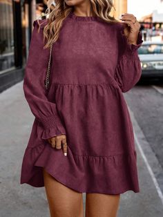 Plus Size Solid Color Stand Collar Ruffle Hem Long Sleeve Dress Burgundy Cute  Long Sleeve Woven Fabric Plain Smock Slight Stretch  Women Plus Clothing, size features are:Bust: ,Length: ,Sleeve Length: Mesh T Shirt, Inspiration Mode, Flared Sleeves, Ruffle Hem, Straight Leg Pants, Plus Clothing, Stand Collar, Women Clothes Sale, All Fashion