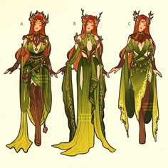 three different views of a woman with red hair and green clothing, one wearing a crown