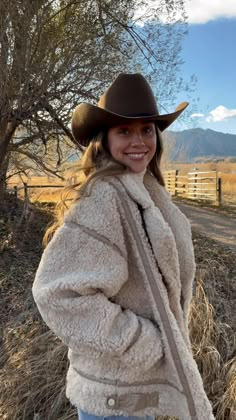 The Chaley Coat + the Oak Weatern Hat = PERFECTION ✨ #western #winteroutfit #winteroutfitideas Western Style Long Sleeve Outerwear, Western Style Long Sleeve Outerwear For Outdoor, Western Style Long Sleeve Outdoor Outerwear, Fall Ranch Outerwear With Pockets, Cozy Long Coat With Faux Fur Lining, Western Style Outerwear For Fall Outdoor Activities, Western Style Fall Outdoor Outerwear, Sherpa Fur Coat For Fall Cold Weather, Sherpa Fur Coat For Cold Weather In Fall