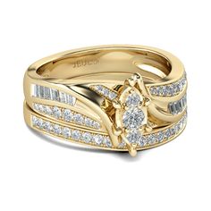 a yellow gold wedding ring set with diamonds