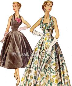 "Originally from McCall's, the short version (Style B - 7-pieces) is sold separately or both Style A (long version with shaped facings in the skirt - 17 pieces) and Style B are sold together. The long skirt of Style A has deep scallops at each gore in the hem. Each style fits 32 to 38\" bust, 26 to 32\" waist and 35 to 41\" hip, BUT only the bodice is multi-sized. I included a diagram and text instructions on how to re-size the skirt pieces. I issued the pattern in this format in response to cus Fitted Full Skirt Dress For Vintage Fashion, 50s Couture, Evening Gown Pattern, Halter Dress Pattern, Evening Dress Patterns, Halter Evening Dress, 1950s Sewing Patterns, Sewing Vintage, Retro Sewing Patterns