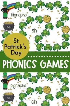 the st patrick's day phonics game is shown with shamrocks and coins