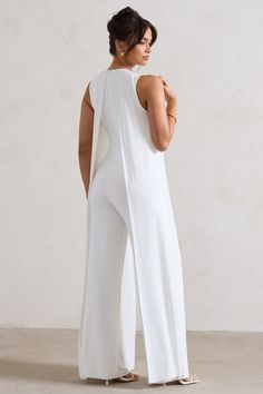 Statement Jumpsuit, Jumpsuit With Cape, White Wide Leg Jumpsuit, Club L London, Sleek Bun, Cami Jumpsuit, Black Dress Prom, Black Tie Gala, White Corset