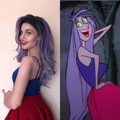 a woman with purple hair and blue eyes next to an image of the character from disney's sleeping beauty