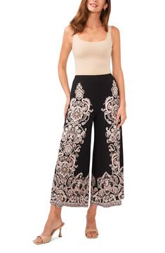 Swirling paisley adds a touch of bohemian flair to wide-leg pants with a cropped silhouette for effortless movements. 31" inseam; 21 3/4" leg opening; 16" front rise; 23 3/4" back rise (size Medium) 96% polyester, 4% spandex Machine wash, tumble dry Imported Cropped Wide Leg Pants, Leg Pants, Wide Leg Pants, Nordstrom Rack, Paisley, Wide Leg, Nordstrom, Spandex, Size Medium