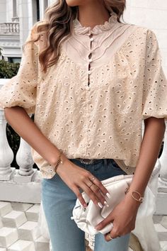 Super cute eyelet babydoll blouse with ruffle detail at neckline, buttons accented. Half balloon sleeves Color: Apricot Sizes: S-M-L Bust 38-40-42, Length 25 100% Polyester, Lining 100% Viscose, machine wash cold, imported J4/ Casual V-neck Eyelet Blouse, Beige Lace Collar Blouse For Summer, Summer Top With Lantern Sleeves And Button Closure, Summer Tops With Button Closure And Lantern Sleeves, Casual Lantern Sleeve Blouse With Buttons, Casual Lantern Sleeve Blouse With Button Closure, Casual Blouse With Lantern Sleeves And Button Closure, Summer Lace Top Blouse With Ruffled Collar, Spring V-neck Blouse With Lace Collar