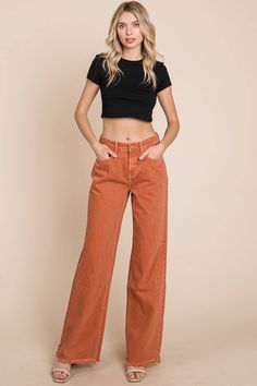 High Rise Raw Hem Wide Leg Washed Color Pants High Rise Cotton Pants For Fall, Orange Wide Leg Pants With Pockets For Fall, Five Pocket Full Length Pants For Spring, Spring Full Length Bottoms With Five Pockets, High Rise Relaxed Fit Pants, Relaxed Fit Orange Bottoms For Fall, Solid Color High Rise Relaxed Fit Pants, High-rise Pants With Loosely Fitted Hips For Fall, Solid High-waisted Pants With Five Pockets