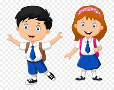 two children dressed in school uniforms standing next to each other with their hands out and smiling