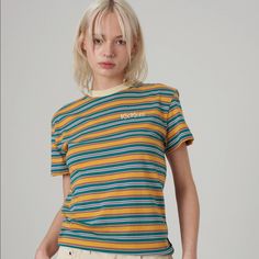 Kickers Classic From Ragged Priest Size Xs Womens Stripe Tee Nwt Trendy Striped Crew Neck Top, Retro Striped Relaxed Fit Tops, Trendy Striped Top With Graphic Print, Retro Striped Tops With Relaxed Fit, Retro Crew Neck Top For Spring, Striped Graphic Print Tops For Spring, Striped Graphic Tee For Spring, Skater Tee, Purple Boots