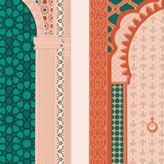 two different colored wallpapers with an arch and doorway in the middle one is green