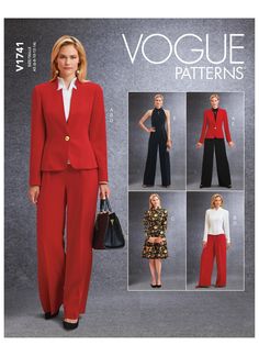 "Vogue Pattern V1741 Semi-fitted lined jacket with all-in-one notched collar has front button closure and elbow darts in sleeves. Close-fitting top and dress have notch detail at neckline and back zipper. Loose-fitting pants are slightly flared and have back zipper. Jumpsuit has close-fitting lined bodice with hook and eye closure on collar and back zipper. FABRICS: Unsuitable for obvious diagonals. *With Nap. **Without Nap. Crepe, Ponte Knit, Crepe Back Satin. Interfacing: Nylon Fusible Interfa Jumpsuit Pattern Sewing, Loose Fitting Pants, Vogue Sewing, Vogue Sewing Patterns, Vogue Pattern, Jumpsuit Pattern, Petite Jacket, Vogue Patterns, Womens Sewing Patterns