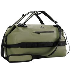 a green duffel bag with black straps