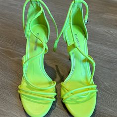 Never Worn - Gianni Bini Neon Yellow Ankle Strap Heels Sandals Us Women's Size 7 Lime Green Heels For Spring Party, Neon Yellow Heels For Evening, Yellow Evening Sandals For Spring, Lime Green Open Toe Party Heels, Yellow Pointed Toe Sandals For Spring, Lime Green Open Toe Heels For Party, Spring Yellow Pointed Toe Sandals, Trendy Neon Yellow Party Sandals, Trendy Neon Yellow Sandals For Party