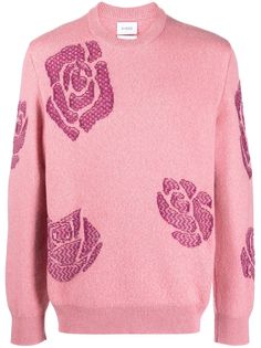 rose pink cashmere fine knit floral intarsia knit crew neck long sleeves ribbed cuffs and hem straight hem Floral Rosa, Rose Fashion, Knitwear Men, Knit Fashion, Rose Pink, Flower Print, Flower Prints, Pink Roses, Knitted Sweaters