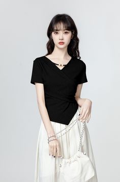 Black Irregular Short Sleeve T-Shirt Black L Black Asymmetrical T-shirt For Spring, Black Asymmetrical Hem T-shirt For Summer, Black Summer T-shirt With Asymmetrical Hem, Fashion Chingu, Lips Print, Cartoon T Shirts, Bear Print, Blue Satin, Korean Outfits