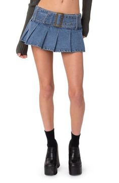 Fun and flirty, this Western-inspired micromini is made of nonstretch denim and features striking, brassy hardware for a down-home vibe. 100% cotton Machine wash, dry flat Imported London Fits, Skort Denim, Denim Pleated Skirt, Pleated Denim Skirt, Distressed Jean Skirt, Micro Skirt, Tennis Skirts, Miniskirt Outfits, Womens Tennis