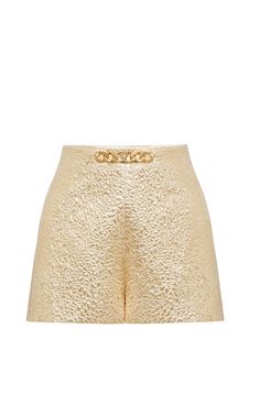 ValentinoVLogo Chain Tailored Shorts - Runway Catalog Elegant Formal Shorts With Belt Loops, Luxury Gold Formal Bottoms, Luxury Gold Party Bottoms, Gold Formal Bottoms, High-waisted Shorts With Belt Loops For Party, Party High-waisted Shorts With Belt Loops, Elegant Gold Bottoms For Summer, Elegant Gold Evening Bottoms, Luxury Shorts With Belt Loops