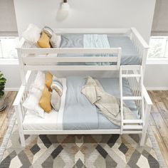 a white bunk bed sitting on top of a wooden floor next to a green plant