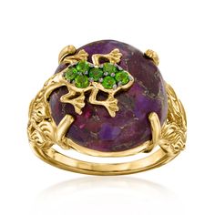 Ross-Simons - Purple Turquoise, .20ct t. w. Chrome Diopside Frog Ring Over Sterling. Size 7. The colors of this unique ring will make you jump for joy! A sweet little frog glitters with .20 ct. t. w. chrome diopside rounds in black rhodium as he sits atop a gorgeous 16mm round stabilized purple turquoise cabochon. Crafted in 18kt yellow gold over sterling silver. 5/8" wide. Chrome diopside and purple turquoise frog ring. Chrome Diopside Ring, Gold Butterfly Ring, Frog Ring, Morganite Diamond Ring, Red Garnet Ring, Jump For Joy, Green Emerald Ring, Green Chrome, Morganite Diamond