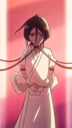 an anime character with long black hair wearing a white robe and holding a red ribbon