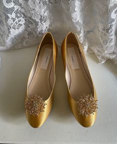 "Beautiful and elegant almost Flat Satin Shoes, heel is only 1/2\" it adds beauty and elegance to this classic style; crystals embellishment only GOLD Color; shoes pictured Gold/Mustard color, i suggest to order color swatches samples if, you need a close match to your color, below find the link to order color swatches. BY PURCHASING THIS LISTING, YOU AGREE TO HAVE READ ALL INFORMATION, AND SHOP POLICIES. THANK YOU! EVERY SHOES ORDER IS HAND EMBELLISHED IN ORDER OF ARRIVAL THEREFORE, SHOES CAN N Crystal Embellished Flats For Wedding, Formal Closed Toe Flats With Rhinestones, Elegant Rhinestone Wedding Flats, Elegant Flat Wedding Shoes With Rhinestones, Elegant Wedding Flats With Rhinestones, Gold Low Heel Flats For Party, Elegant Flats With Rhinestones And Round Toe, Elegant Rhinestone Round Toe Flats, Elegant Embellished Flats For Evening