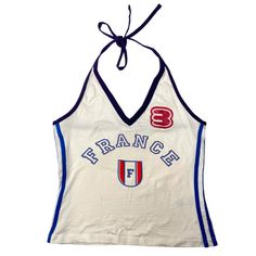 This Nostalgic France Halter Tank brings back 90s fashion with "FRANCE" lettering and a French shield emblem. The halter neck design is perfect for a retro aesthetic look Aesthetic Mexico, Mexico Jersey, E Girl Clothes, 90's Aesthetic, Tank Top Y2k, Y2k Crop Top, Streetwear Mode, Vintage Mexico, Aesthetic Look