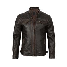 Get ready to turn heads with this spectacular vintage brown leather jacket! With a distressed design, quilted shoulder pattern, and edgy features like zippered pockets, a zip fastener, and a strap collar and cuffs, this jacket is the ultimate fashion statement for any man. Whether you're cruising down the open road or commuting in style, this cafe racer masterpiece will set you apart from the crowd. Specification: 100% Real Lambskin Leather.  Internal fully lined with soft polyester. Distressed Fitted Brown Leather Jacket With Padded Collar, Brown Quilted Leather Jacket For Winter, Rugged Brown Leather Jacket With Padded Collar, Fitted Brown Quilted Outerwear, Fitted Vintage Brown Rugged Biker Jacket, Brown Fitted Rugged Biker Jacket, Rugged Fitted Brown Biker Jacket, Brown Rugged Fitted Biker Jacket, Rugged Brown Fitted Biker Jacket