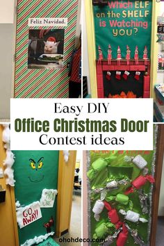 office christmas door decorations with the words, easy diy office christmas door contest ideas