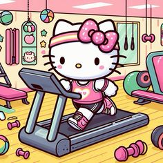 hello kitty is running on a treadmill in the room with other toys and accessories