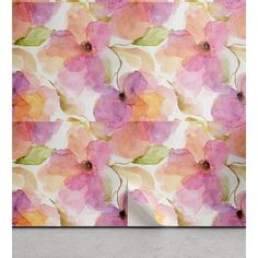 an abstract floral wallpaper with pink and yellow flowers on it's side, in front of a white background