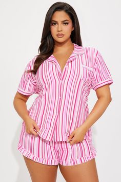 Available In Pink/combo. 2 Piece PJ Set Collared Button Down Short Sleeve Front Pocket Matching Short Drawstring Waistband Ruffle Trim Detail Full Stretch Final Sale Disclaimer Print Placement May Vary 95% Polyester 5% Spandex Imported | Touch Of Sparkle PJ Short Set in Pink size Large by Fashion Nova