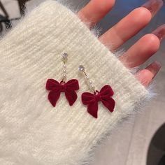 We invite you to embark on a dazzling journey through our exquisite collection of accessories! Velvet Earrings, Winter Red, Winter Earrings, Pearl Bow, Bridal Ideas, Niche Design, Bow Earrings, Red Earrings, Velvet Bow