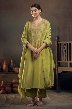 Green straight kurta with zardozi work embroidery. Comes with tissue pant and embroidered dupatta. - Aza Fashions Traditional Straight Kurta Palazzo Set With Dabka Work, Designer Wear Straight Kurta Set With Gota Work, Designer Tussar Silk Palazzo Set With Resham Embroidery, Traditional Chanderi Palazzo Set With Gota Work, Silk Palazzo Set With Zari Work And Straight Kurta, Chanderi Palazzo Set With Straight Kurta And Dupatta, Traditional Drape Chanderi Palazzo Set With Gota Work, Chanderi Palazzo Set With Gota Work, Festive Tussar Silk Palazzo Set With Straight Kurta