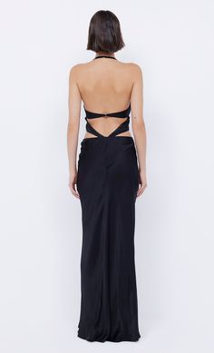 The BEC + BRIDGE Alabama Halter Dress is a flattering, going out style in a statement silhouette. The elevated style features flattering cut outs details connected with e-hooks through the bodice and a deep v front neckline and back. Elegant V-neck Backless Dress With Cutout Back, V-neck Backless Dress With Cutout Back For Party, Black Maxi Dress With Cut-out Waist For Evening, Cutout V-neck Evening Dress, Evening V-neck Dress With Keyhole Back, Sleek Tie-back Maxi Dress For Night Out, Chic Maxi Dress With Corset Back For Gala, Chic Midi Dress With Cut-out Waist For Date Night, Sleek Tie-back Maxi Dress For Party