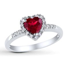 Lab-Created Ruby Ring 1/10 ct tw Diamonds Sterling Silver Ruby Heart Ring, Sterling Silver Heart Bracelet, Ruby Heart, Silver Heart Bracelet, Silver Heart Ring, Diamond Heart Ring, Ruby Diamond Rings, Amethyst Jewelry, Emerald Engagement Ring