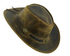 Sahara leather western style hat for men and women. It has a shapeable wide brim. This vintage hat is crafted from quality leather and features a braided trim and conchos in the band. There is a sewn in sweatband for comfort. The hat is made of handcrafted leather. Available in brown and black 100% distressed leather. The wide brim of this stately hat provides shade in the sunshine. Brim 3" Crown 3 1/2". Lucky Tiger, Hair Clay, Leather Hat, Hair Control, Hair Tonic, Hat For Men, Hair Wax, Leather Hats, Western Leather