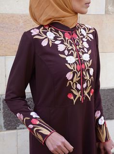 Elegant Long Sleeve Kaftan With Multicolor Embroidery, Wedding Abaya With Floral Embroidery, Eid Embroidered Long Sleeve Dress, Eid Long Sleeve Embroidered Dress, Elegant Floor-length Thobe With Floral Embroidery, Traditional Long Sleeve Abaya For Spring, Spring Abaya With Modesty Panel, Traditional Maxi Dress With Embroidered Sleeves, Elegant Long Sleeve Thobe With Floral Embroidery