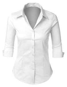 Womens Work Shirt, Casual Blouse Women, Three Quarter Sleeve Shirt, Three Quarter Sleeve Tops, White Button Down Shirt, Roll Up Sleeves, The Boss